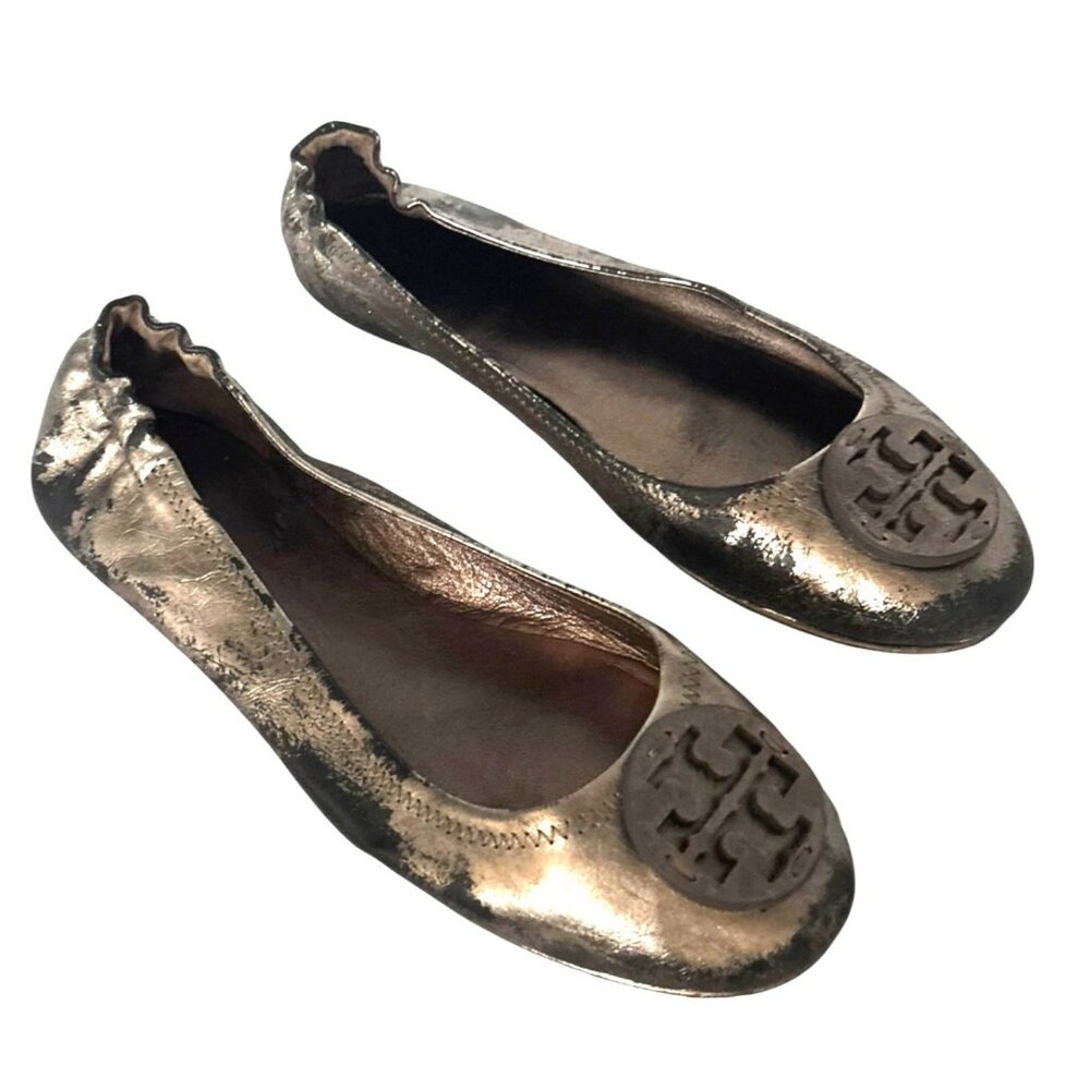 Tory Burch Minnie Leather Ballet Flats 8 Pewter Grey Metallic Logo Luxury - Picture 7 of 10